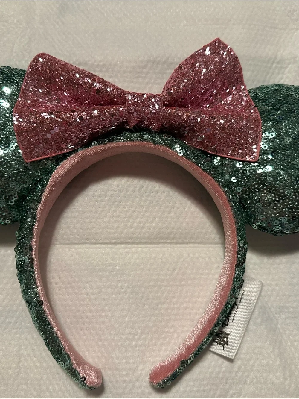 Disney Green Sequin Ear Headband with Pink Glitter Bow